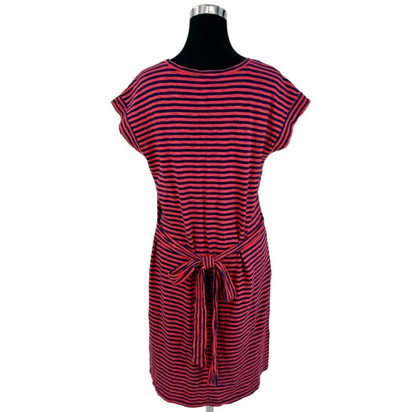 J. Crew Striped Casual Blue Red Cotton Tie Waist Nautical Preppy Shirt Dress LG - Picture 11 of 15